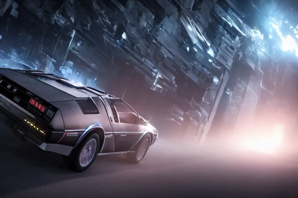 Image similar to ultra realistic delorean dmc 5 drifting on a ancient space highway, dark cinematic, volumetric, realistic, 3 d render, realistic render, cinematic lighting, volumetric lighting, atmospheric, cinematic, unreal engine 5, unreal engine render, octane render, hd, photorealism, hyper realistic, photo, 8 k