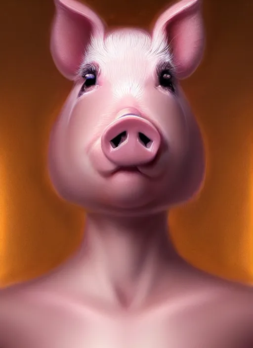 Image similar to portrait of a princess pig!!!, fantasy, intricate, elegant, beautiful, digital art, beautiful dynamic lighting, golden ratio, highly detailed, digital painting, trending on artstation, concept art, smooth, sharp focus, illustration, photo realistic, art by artgerm and greg rut, 4 k