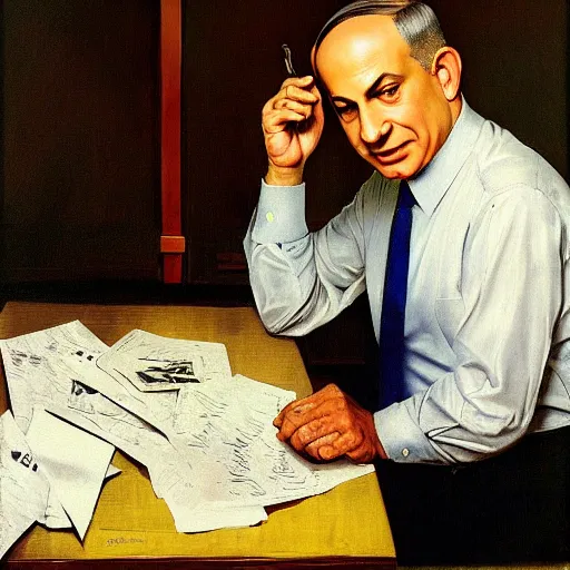 Prompt: painting of benjamin netanyahu sitting in a dark room answering fan mail, stressed expression, by norman rockwell