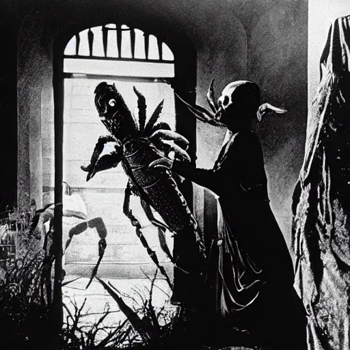 Image similar to vintage universal monster movie, the giant humanoid crab monster attacks a screaming woman inside a spooky gothic mansion