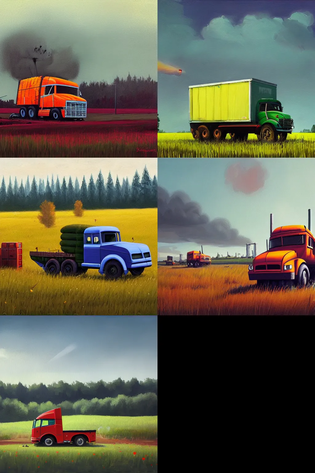 Prompt: painting of a big future truck in a field by simon stalenhag