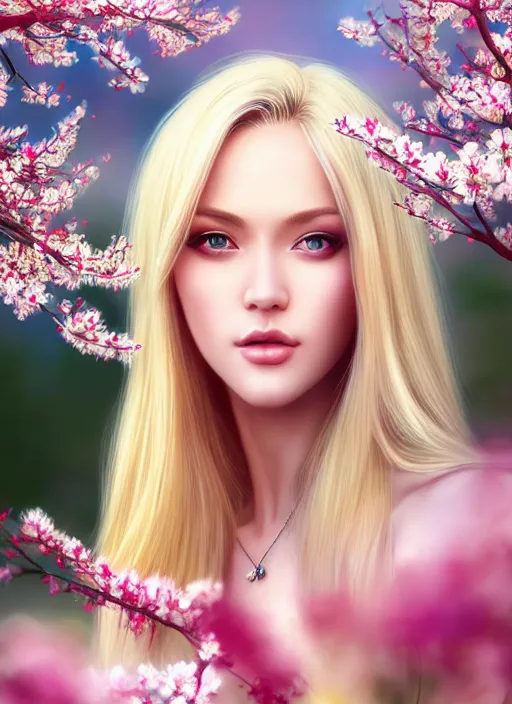 Image similar to photo of a gorgeous blonde female in the style of stefan kostic, realistic, half body shot, sharp focus, 8 k high definition, insanely detailed, intricate, elegant, art by stanley lau and artgerm, extreme blur cherry blossoms background