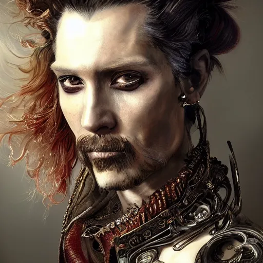 Image similar to portrait, headshot, insanely nice professional hair style, dramatic hair color, digital painting, of a old 17th century, old cyborg merchant, amber jewels, baroque, ornate clothing, scifi, realistic, hyperdetailed, chiaroscuro, concept art, art by Franz Hals and Jon Foster and Ayami Kojima and Amano and Karol Bak,