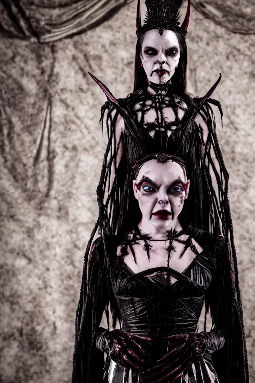 Image similar to dressed anya taylor - joy, a sinister demonic queen of cenobites, symmetrical, cinematic, elegant, demonic atmosphere, professional studio light, real dlsr photography, sharp focus, costume made by clive barker, real rotten flesh and blood, 4 k, ultra hd, sense of awe