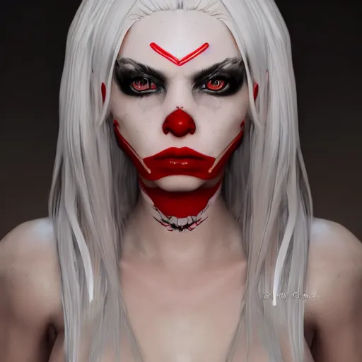 Image similar to a highly detailed portrait of a humanoid demon girl with white hair, red horns, in white clothes, artstation, deviantart, professional, unreal engine 5, photorealistic