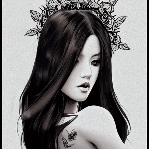 Image similar to tattoo design, stencil, beautiful young female, long dark hair, symmetrical facial features, Japanese, partially clothed in robe, by William-Adolphe Bouguerea and artgerm