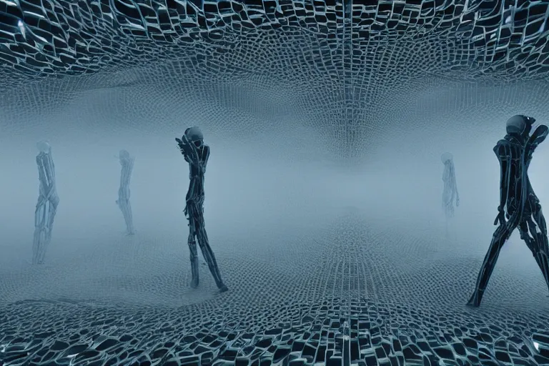 Image similar to a complex organic fractal 3 d ceramic humanoid megastructure, cinematic shot, foggy, photo still from movie by denis villeneuve