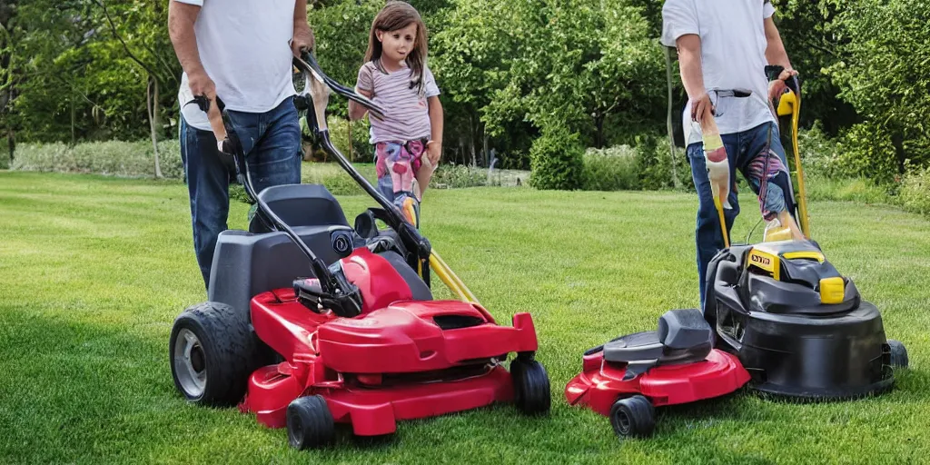 Prompt: a two shot of a cute long haired toddler pushing her plastic lawn mower as she follows directly behind her father, who is mowing his lawn while sitting on a riding lawnmower, golden hour