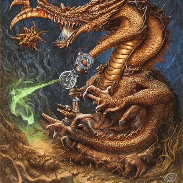 Image similar to artwork by Justin Gerard and Jeff Easley showing a dragon sitting on a volkano smoking his pipe