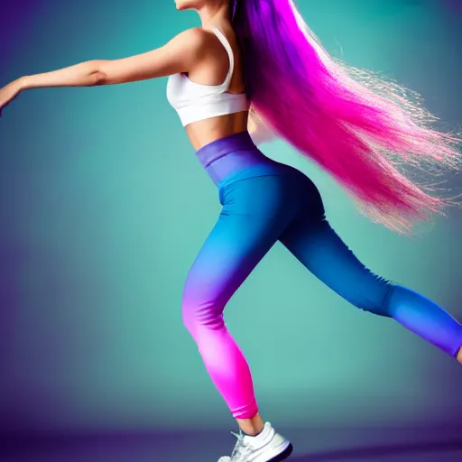 Image similar to a award winning half body shot of a beautiful woman in a croptop and leggings with a ombre purple pink teal hairstyle with head in motion and hair flying, outrun, vaporware, highly detailed, fine detail, intricate