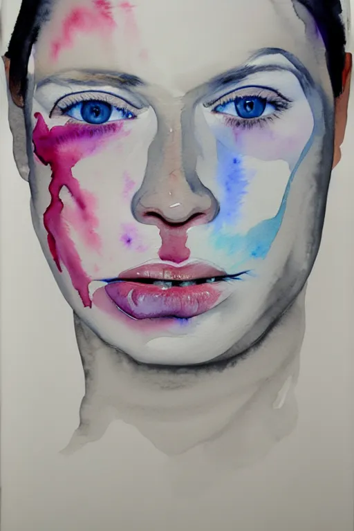 Image similar to watercolor in wet paper, a 3 / 4 portrait liquid white of a human white face that melt down flow go runny by marlene dumas, face painted with white thick fluid, detailed watercolor, grainy, contrast