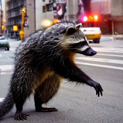 Image similar to giant racoon attacking city