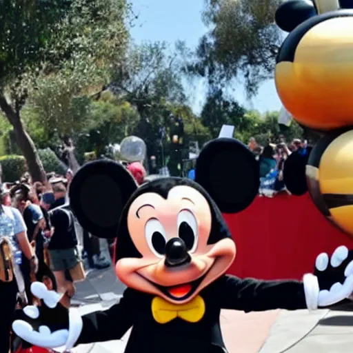 Image similar to cell phone photo of mickey mouse being escorted out of disneyland by security in handcuffs, very realistic