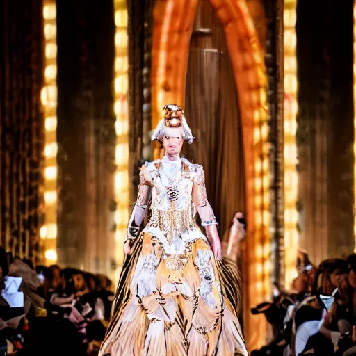 Image similar to fashion model walking down a catwalk, elaborate dress by alexander mcqueen, stage lighting, sigma 8 5 mm f 1 6, real
