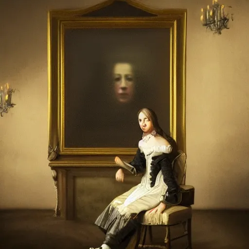 Prompt: a woman sitting on a chair inside of a dark, foreboding room, 1 7 0 0 s oil painting, dark art, vignette, bloom effect, cgsociety, artstation, 4 k, 8 k