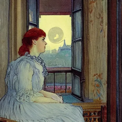 Image similar to a young edwardian woman sits in a window overlooking paris with the eiffel tower visible in the background, the moon is behind the eiffel tower, it's nighttime, in the style of Carl Larsson