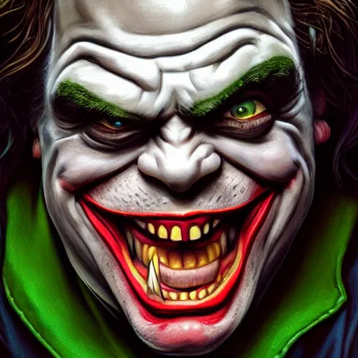 Image similar to portrait of mark hamill as the joker as a hulking herculean demon orc bugbear clown, godlike, upper body, fantasy, intricate, elegant, highly detailed, digital painting, artstation, concept art, sharp focus, illustration, art by artgerm and greg rutkowski and alphonse mucha