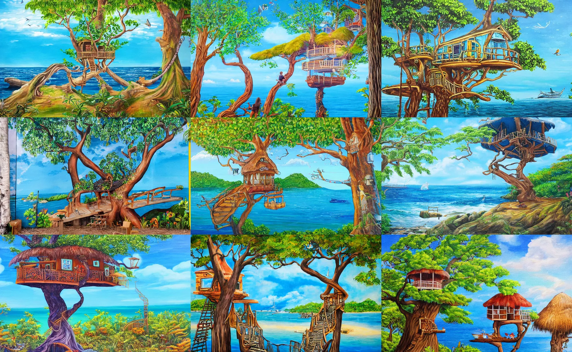 Prompt: mural painting of a mystical island treehouse on the ocean