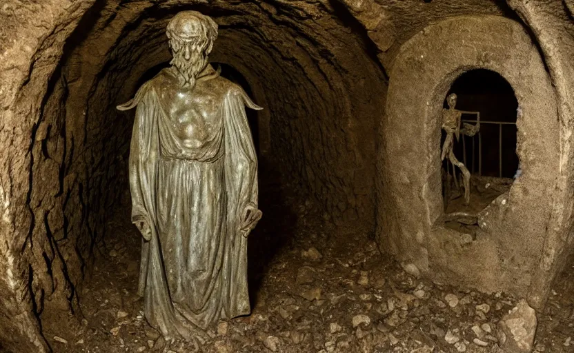 Prompt: decrepit creepy statue of the archangel gabriel staring at the camera, alone, in a cavernous dark old catacomb, realistic, pitch black, depth of field, wide shot, sinister, bad lighting, foreboding, blurry footage, grainy photo