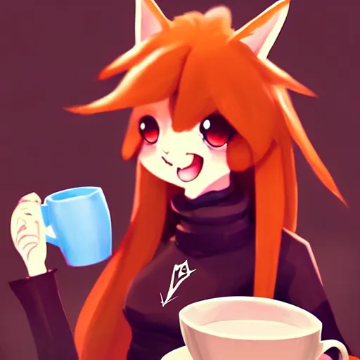 Prompt: a cute anthropomorphic maned wolf girl having a nice cup of coffee at the quiet and cheery local place. league of legends splash art