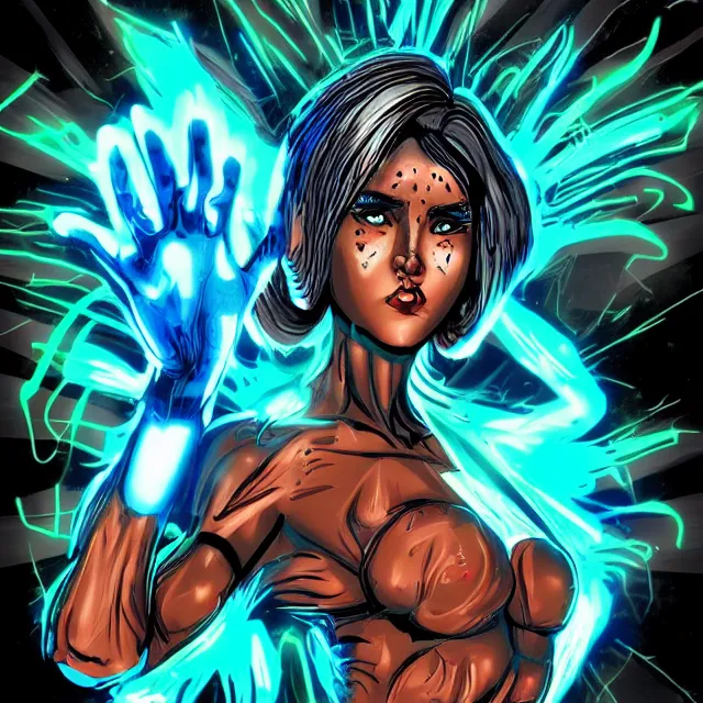 Image similar to a female mutant raver using her mutant electrical / plasma powers in the style of leonard boyarsky in the style of vintage comic books trending on artstation deviantart pinterest hyper detailed photorealistic highlights and shadow hd 8 k post - processing high resolution