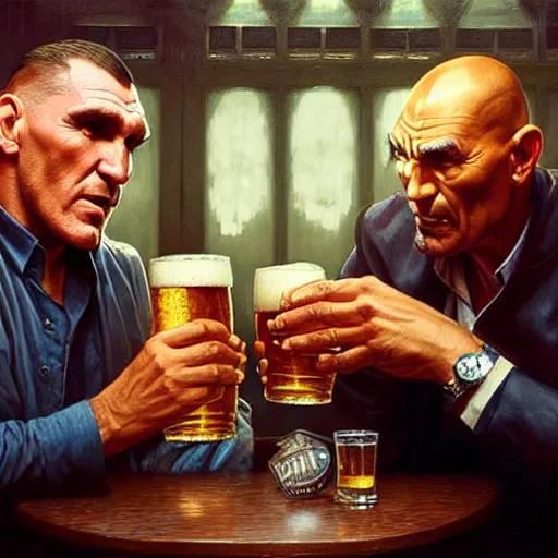 Image similar to vinnie jones and ghandi drinking beer in a pub, real life skin, intricate, elegant, highly detailed, artstation, concept art, smooth, sharp focus, art by artgerm and greg rutkowski and alphonse mucha