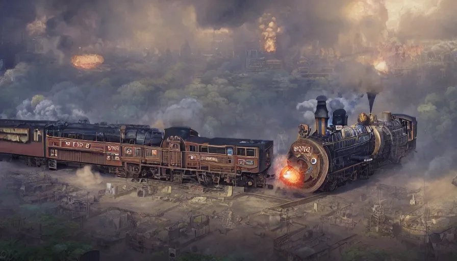 Image similar to A highly detailed matte painting of the biggest steampunk train ever, with smoke, by Studio Ghibli, Makoto Shinkai, by Artgerm, by beeple, by Greg Rutkowski, volumetric lighting, octane render, 4K resolution, trending on artstation, masterpiece