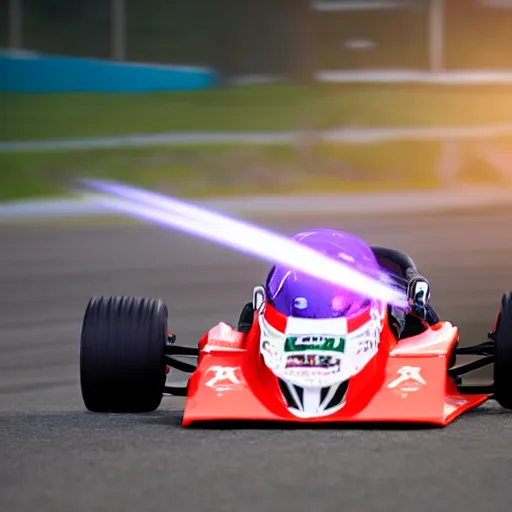 Image similar to young gokart racer taking a corner at speed on a race track, motion blur lights, laser, smoke, debris, fast movement