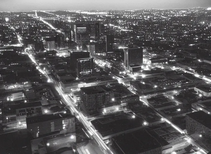 Image similar to a sprawling building complex seen from a dark parking lot in los angeles at night. 1 9 9 0 photo by james cameron