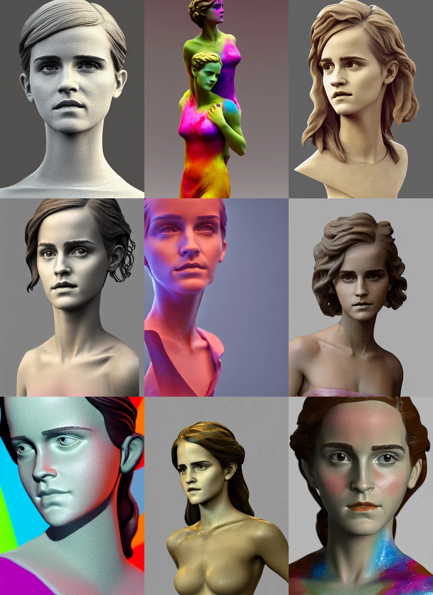 Prompt: 3D print resin sculpture of Emma Watson by Jean-Baptiste Carpeaux and Luo Li Rong and Michael Wilkinson, beautiful body, perfect symmetrical face, colorful, fresh colors, full length shot, elegant, academic art, realistic, 8K, Product Introduction Photo, Hyperrealism. Subsurface scattering, raytracing, soft light, Octane Render, Redshift, Zbrush, simple background
