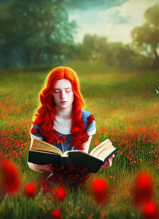 Image similar to An epic fantasy comic book style portrait painting of a young red headed girl reading a book in a field of flowers surrounded by bees, unreal 5, DAZ, hyperrealistic, octane render, cosplay, RPG portrait, dynamic lighting