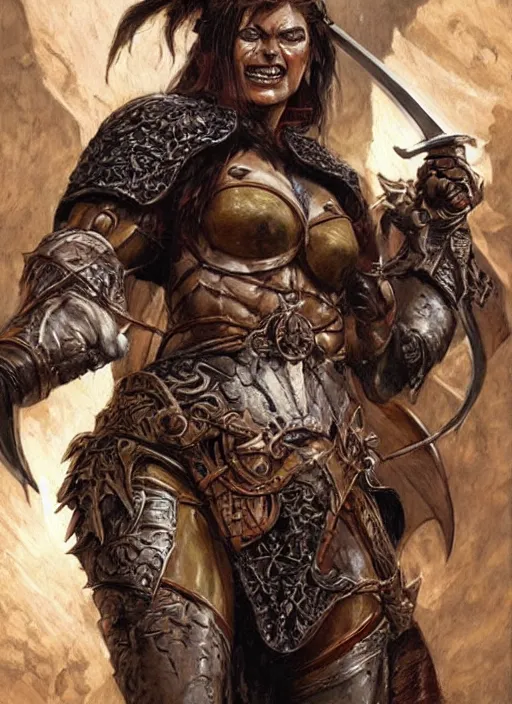 Prompt: a concept art painting of an furious female half - orc warrior wearing medieval brown leather armor, art by karol bak and mark brooks and argerm, centered