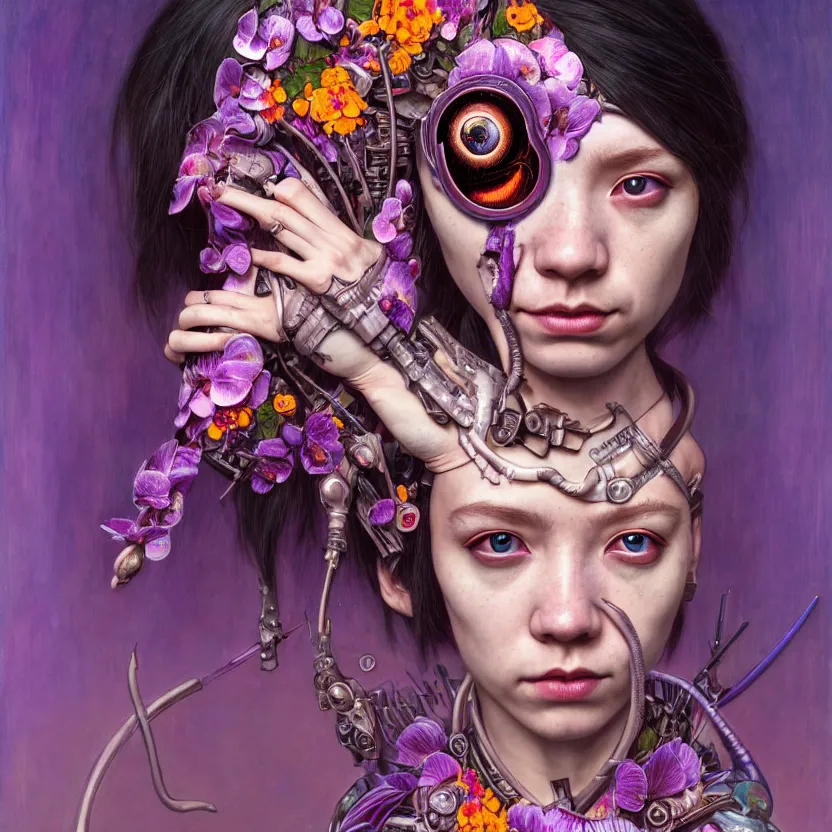 Prompt: alexa demie as a fae cyborg warrior, orchid, portrait face, colorful, kupka, intricate, miles johnston, kuroda seiki, ozabu, godward, painterly, yoshitaka amano, moebius, miles johnston, louise zhang, james jean, mark ryden lowbrow pop surrealism art style, 4 k,