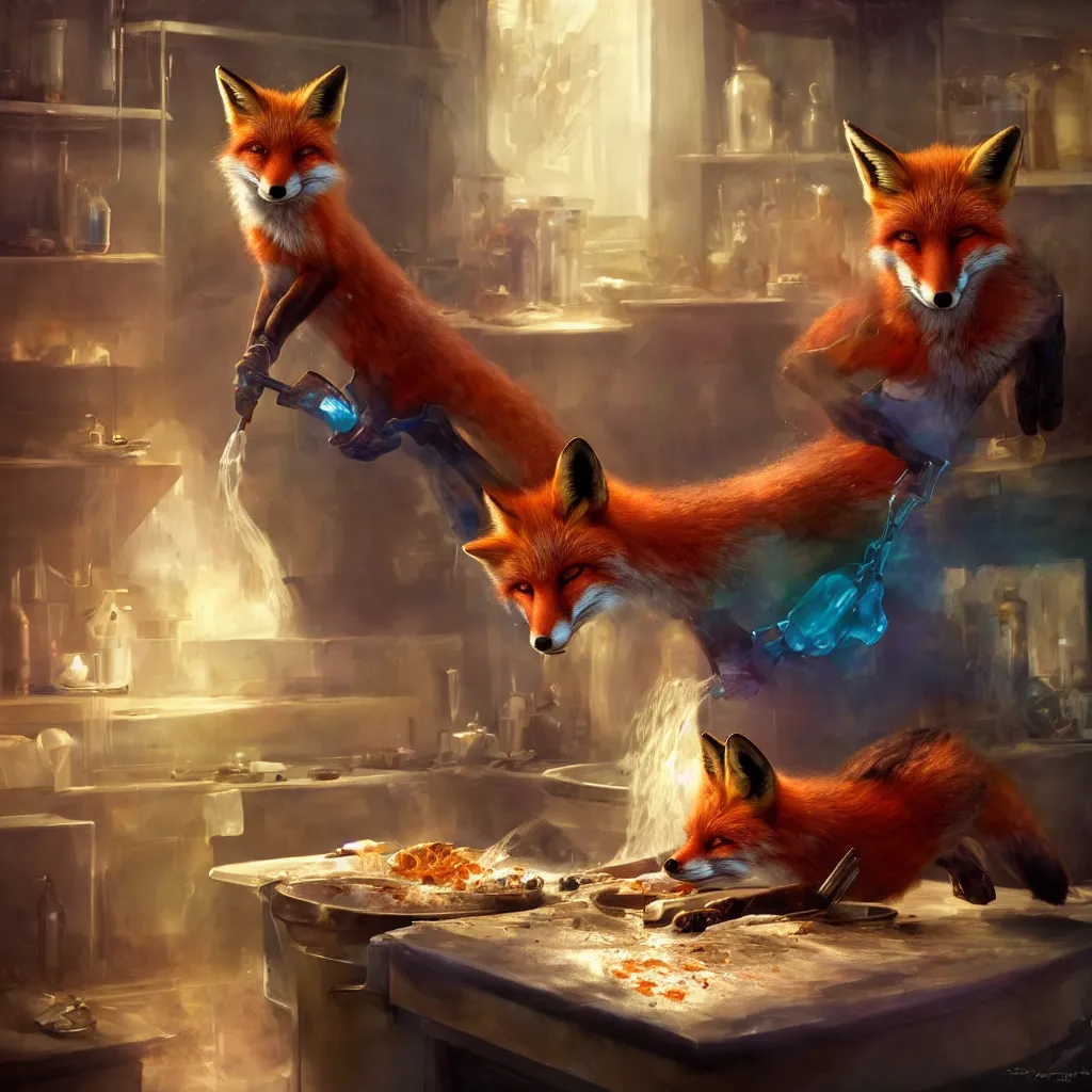 Image similar to a fox mixing chemicals in a kitchen, portrait, fantasy, beautiful face, vivid colors, elegant, concept art, sharp focus, digital art, hyper - realistic, 4 k, unreal engine, highly detailed, hd, dramatic lighting by brom, trending on artstation