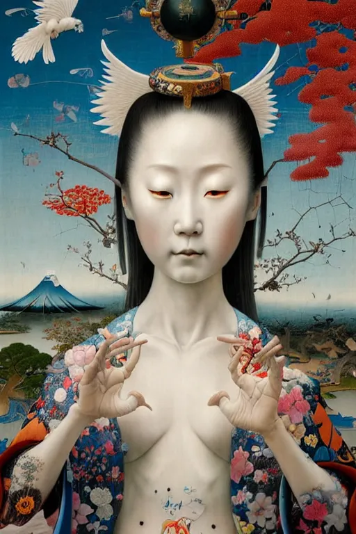 Prompt: vibrant japanese garden by hieronymus bosch and james jean, ross tran, full porcelain japanese mannequin with beautiful angelic face, sky by damien hirst, very cohesive, serenity, hypermaximalist, 8 k, surreal oil painting, highly detailed, dream like, masterpiece