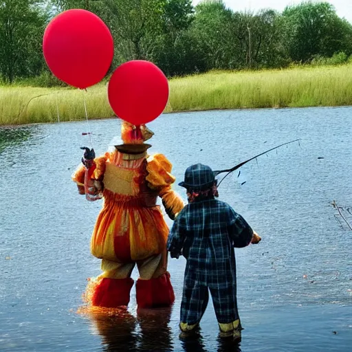 Prompt: pennywise the clown takes his son fishing