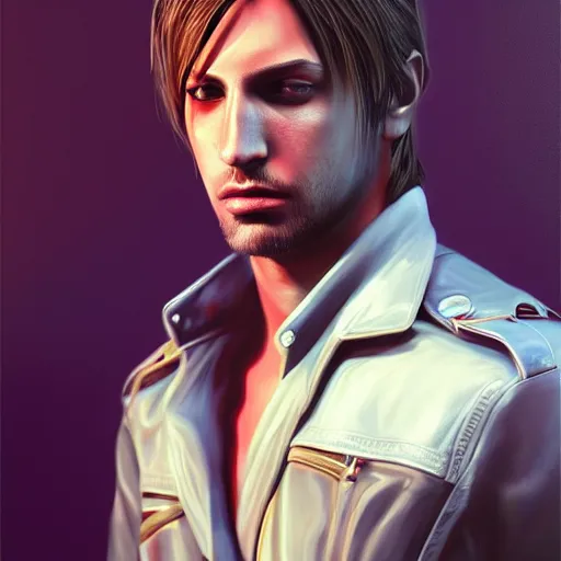 Prompt: 3 / 4 view painting of leon s kennedy portrait, hyperdetailed, artstation, cgsociety, 8 k, synthwave by tangerine dream