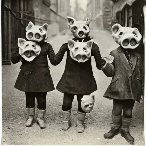 Image similar to portrait of children wearing pig masks, photograph, style of atget, 1 9 1 0, creepy, dark