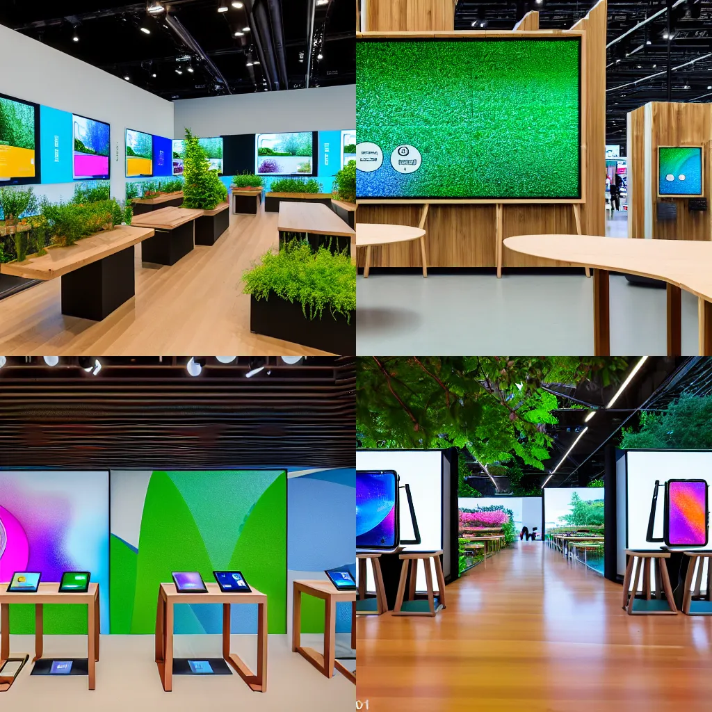 Prompt: (mobiles and tablets on display on large tables in a wood and concrete flagship retail interior Samsung Microsoft Apple empty stools, lush verdant plants, colorful digital screens) muted colors, XF IQ4, 14mm, f/1.4, ISO 200, 1/160s, 8K, RAW, unedited, symmetrical balance, architectural photography, in-frame