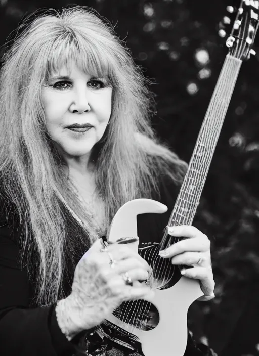 Prompt: dslr portrait photo still of stevie nicks with red hair playing a guitar, 8 5 mm, f 1. 8