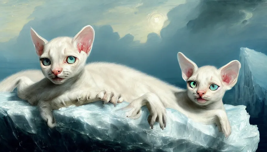 Image similar to highly detailed painting of white cute baby scaled oriental dragon cats on a blue and white iceberg by william turner, by greg rutkowski, by william constable, thick brush strokes and visible paint layers, 4 k resolution