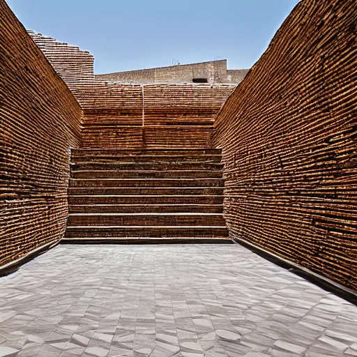 Prompt: courtyard of a monastary made of resursively stacked bricks, fusion of carlo scarpa and thomas heatherwick, architectural photography