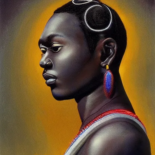 Image similar to “sango God of thunder plaited hair beads cowry Nigerian lightning facial details proportionate dark skinned symmetrical digital art oil painting Edward hooper”