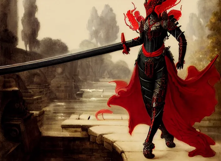 Prompt: woman in dark and red princess dragon armor, she is holding a katana sword, walking on an ancient neoclassical bridge. by henriette ronner - knip, by william henry hunt, concept art