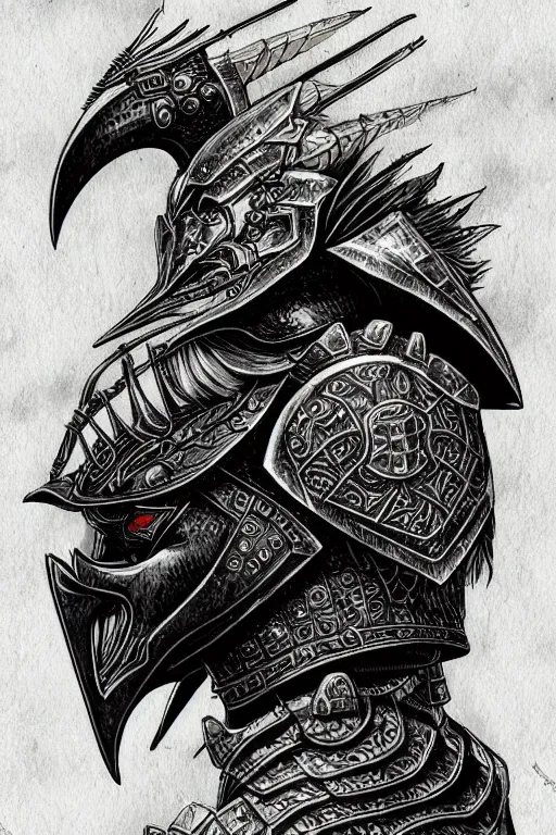 Prompt: armoured warrior, long beak, crows feet, symmetrical, highly detailed, digital art, crow themed armour, sharp focus, trending on art station, kentaro miura manga art style