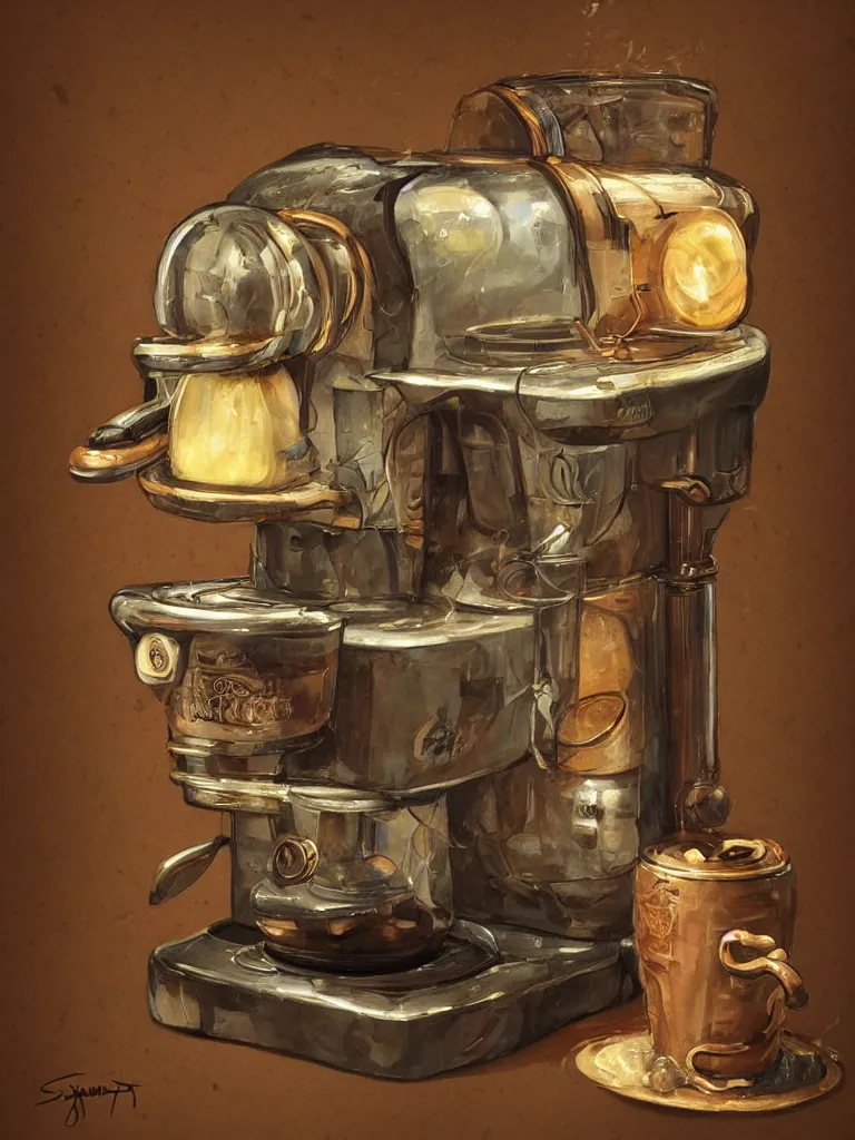 Image similar to illustration of an ancient coffee machine, by Simon Stalenhaag, by Yoshita Amano, by Esao Andrews, sharp focus, fresh colors, conceptart, trending on artstation