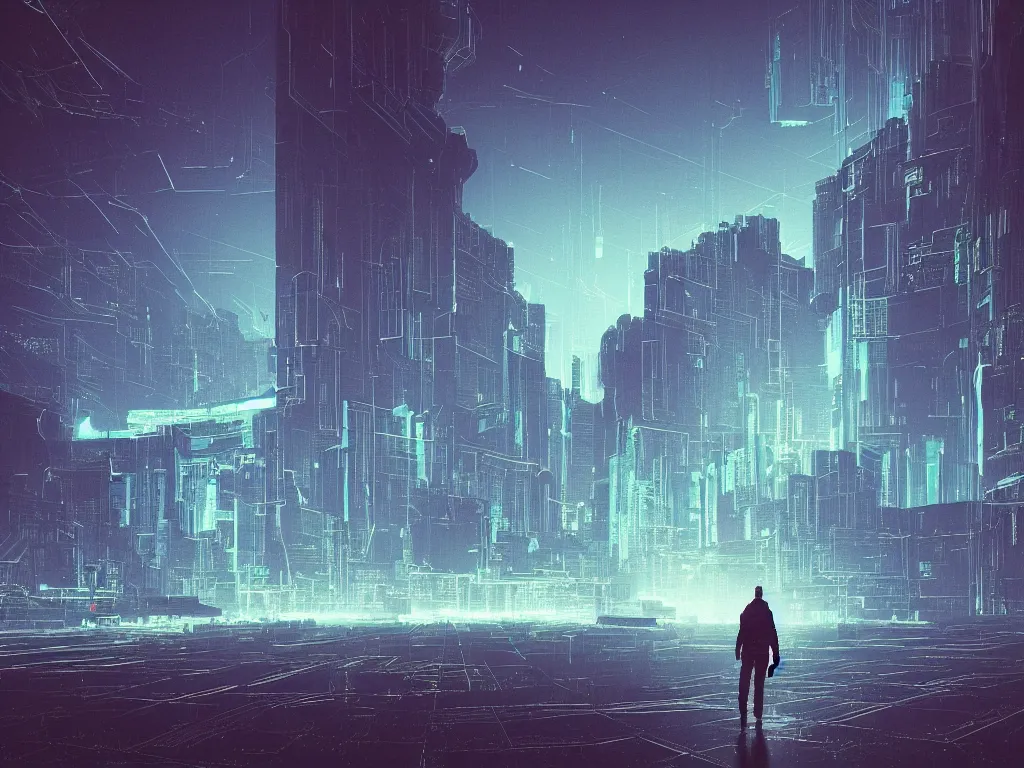 Image similar to synthwave landscape of a lone traveler walking towards a distant cyberpunk castle , cyberspace, grid, virtual, night, wireframe, by John Smith, by Alena Aenami, by Greg Rutkowski, wide angle, highly detailed, cinematic, Blue and Green color scheme