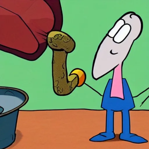Prompt: squidward from spongebob squarepants with hair, holding a hammer