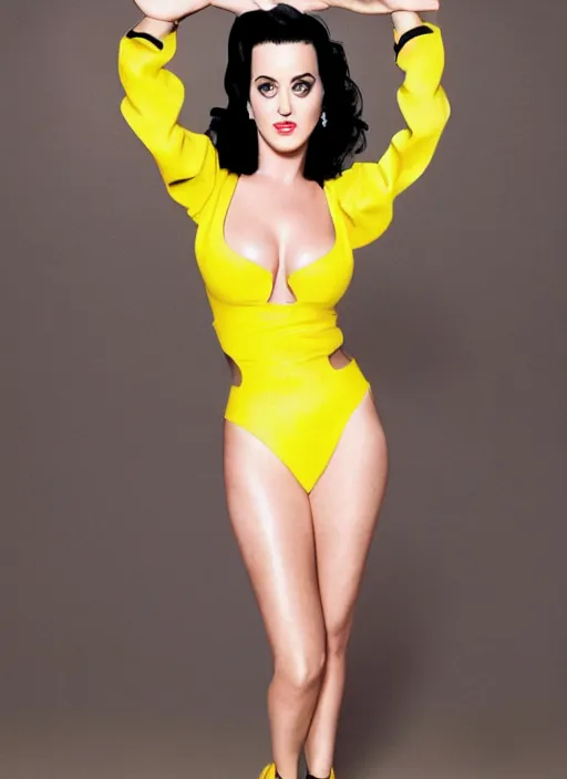 Image similar to full body of katy perry, in yellow bikini, blonde hair, black eyes