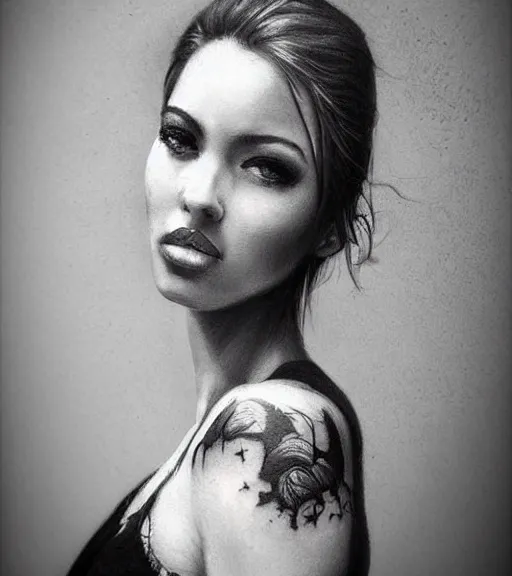 Image similar to a beautiful girl portrait, faded mountain background, realism tattoo, in the style of den yakovlev, black and white, hyper realistic, highly detailed